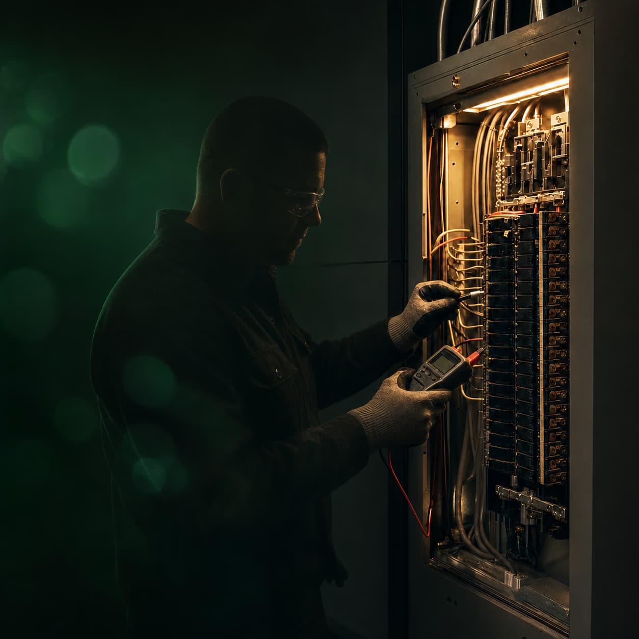 Electrical diagnostics being performed at a modern breaker panel